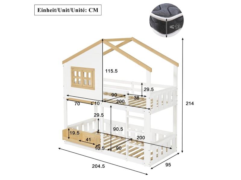  Lit superposé cabane enfant 90x200cm avec échelle, fenêtre décorative et étagère, couchage double en bois, blanc et naturel evarich - Conforama C