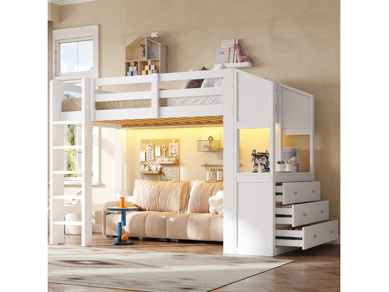 Lit mezzanine 90x200 cm avec 3 tiroirs, étagères et éclairage led blanc - Conforama E