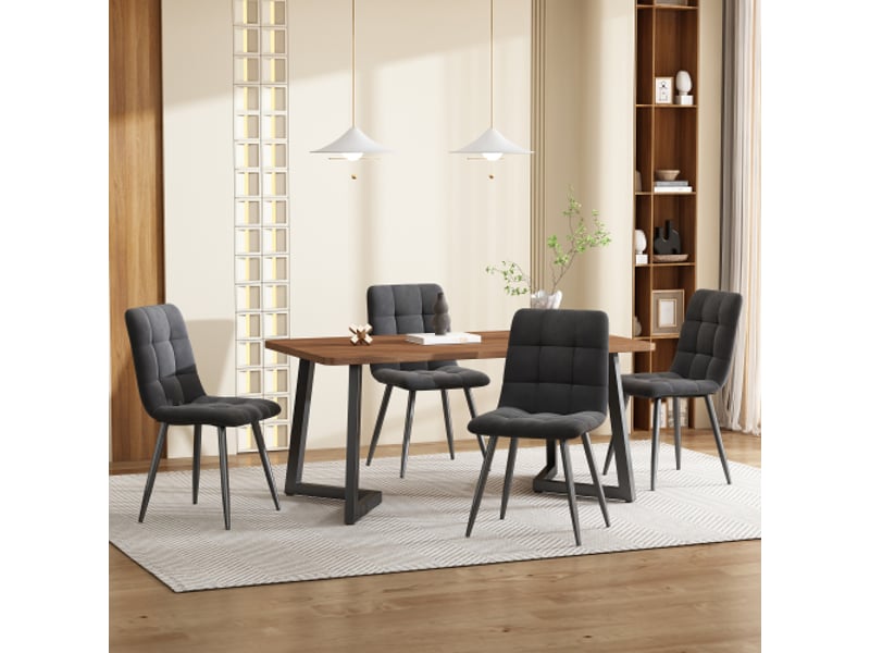  Ensemble salle à manger 5 pièces: table moderne mdf couleur noyer et pieds métal noirs, 4 chaises velours gris foncé  - Conforama B