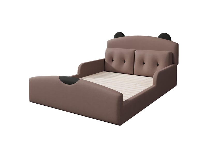  Lit double rembourré 140x200 cm, lit plateforme avec tête de lit design ours, 2 coussins décoratifs inclus,lin café ABC - Conforama D