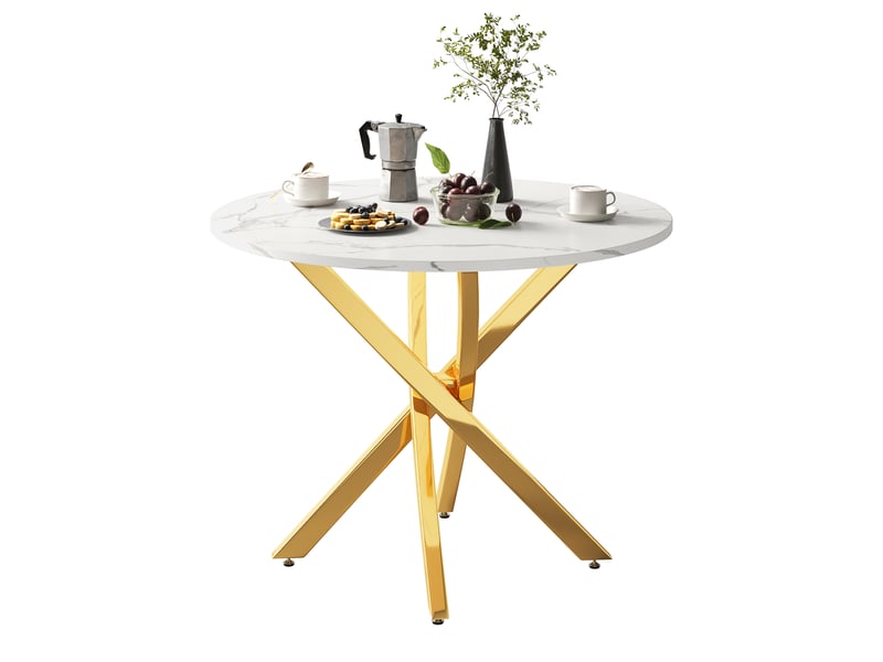  Table à manger ronde,80x80x75 cm,pieds métal,mdf,effet marbre blanc et doré  - Conforama A