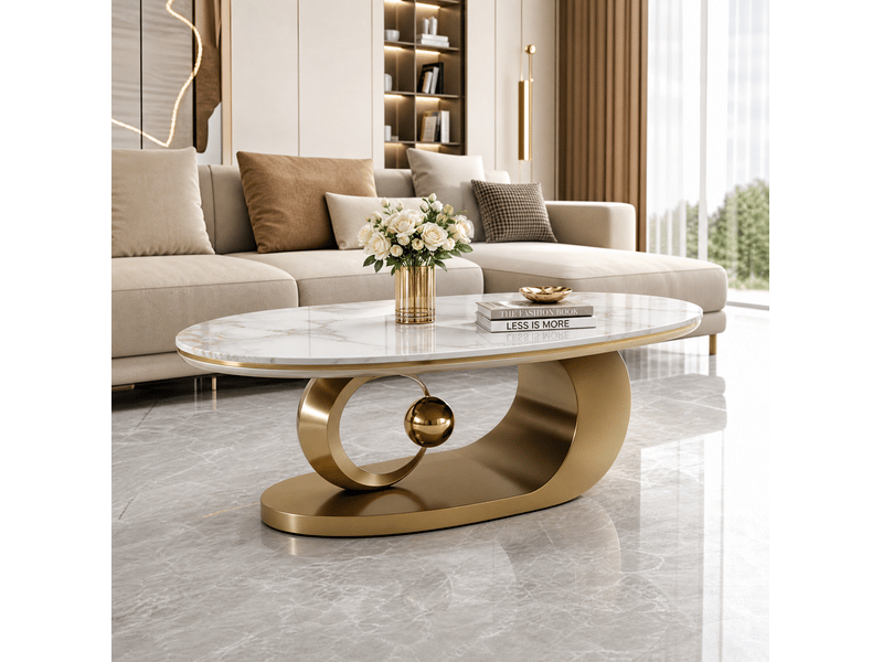 Table basse ovale 120x67x45 cm effet marbre blanc et piètement doré  - Conforama B