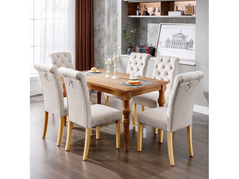  Lot de 6 chaises de salle à manger en velours beige avec pieds en chêne  - Conforama B