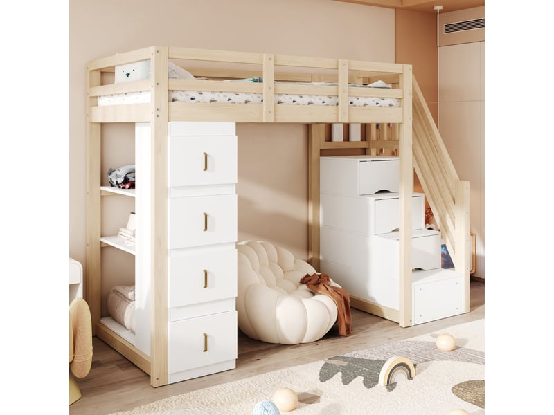  Lit enfant 90x200 cm - lit mezzanine 90x200 - avec commode 4 tiroirs - étagères de rangement - escalier de sécurité et - bois - blanc et chêne  - Conforama E