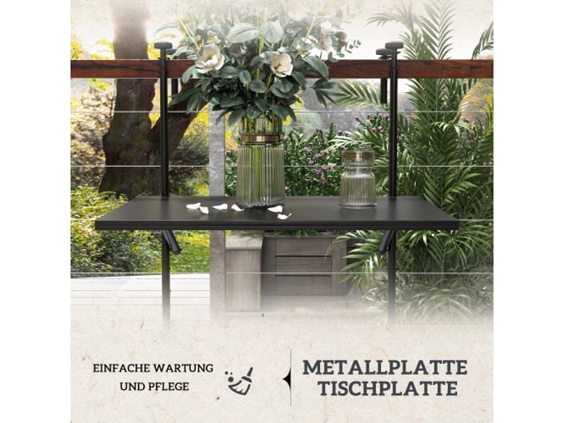  Table balcon suspendue pliante noire, 3 hauteurs réglables, charge 15 kg, 62x60 cm, terrasse  - Conforama D
