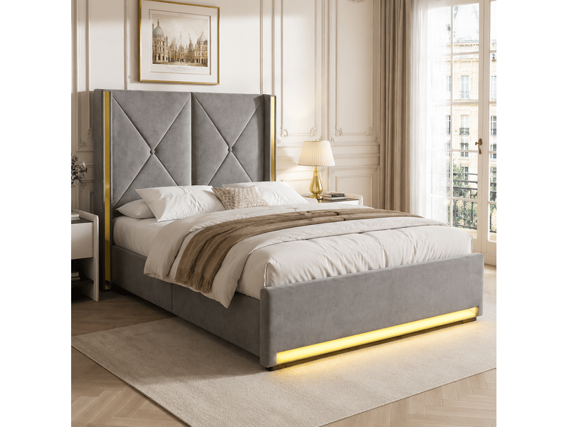  Lit coffre enfant 90x200 cm en velours gris foncé avec usb, type-c et led  - Conforama D