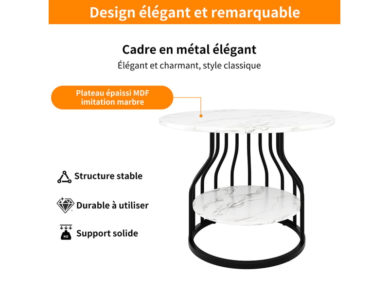  Table ronde 80x80x76 cm avec rangement inférieur, plateau mdf motif marbre et pieds réglables, noir  - Conforama D