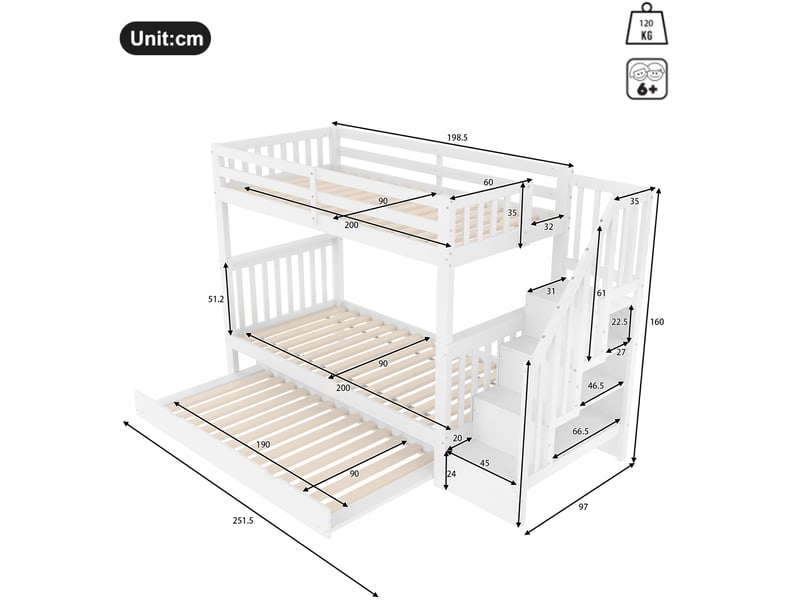  Lit superposé 90x200 cm avec lit gigogne et escalier à rangements en pin et mdf blanc  - Conforama E