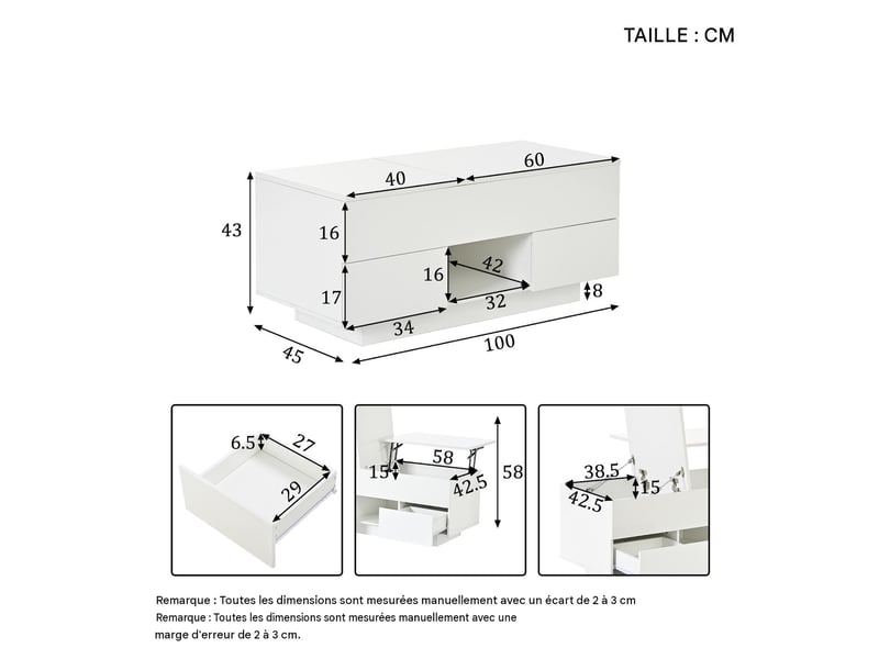  Table basse relevable en panneau de particules blanc brillant avec led 100x45x43 cm - pangivo  - Conforama C