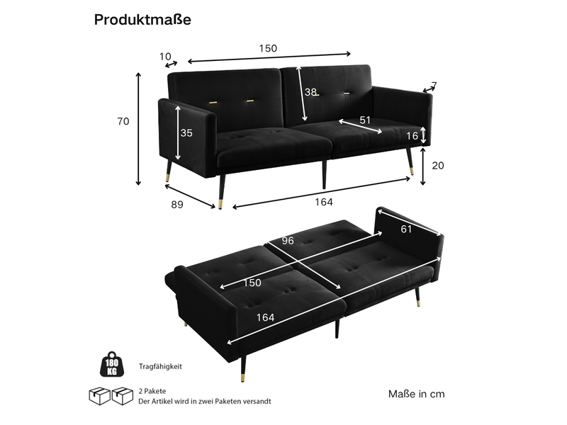 Canapé convertible 2 places en velours noir à dossiers réglables  - Conforama E
