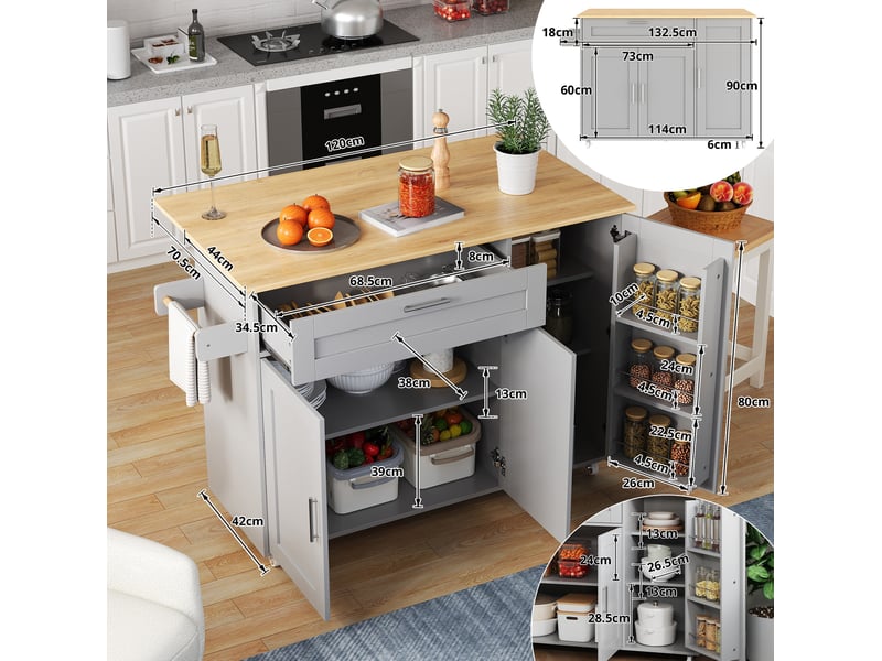  Desserte mobile cuisine 132,5x44(70)x90 cm, plan extensible 120x44-120x70, rangement modulable, panneau mdf, gris  - Conforama C