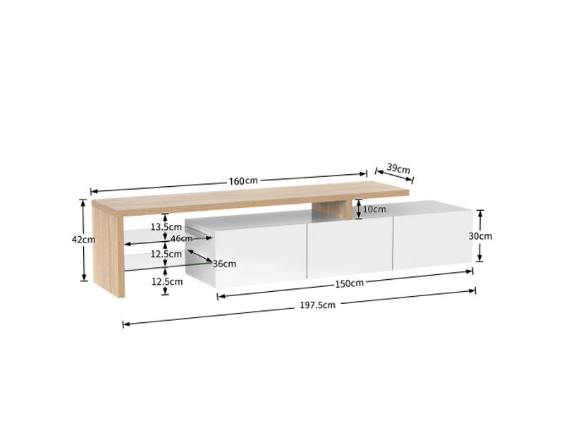  Meuble tv design moderne : élégance raffinée, rangement pratique, blanc brillant, aspect bois, étagères en verre, éclairage led  - Conforama D