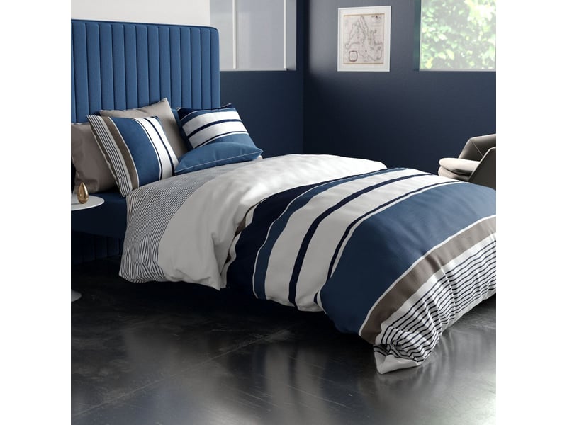  Parure housse de couette 260x240cm + 2 taies motif rayé bleu et blanc 100% coton - beliazy BELIAZY - Conforama D