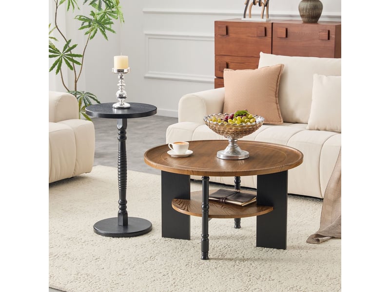  Table basse avec rangement forme ronde table de salon ensemble de 2 pièces panneau de fibres de bois rangement intégré table d'appoint assortie emballage individuel  - Conforama B