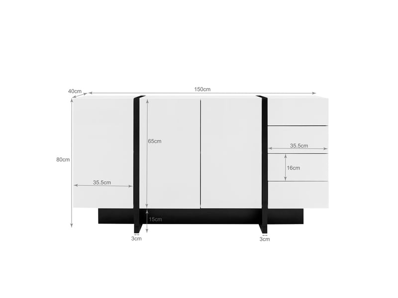  Buffet 150x40x80cm, armoire de rangement avec 3 portes, 4 tiroirs, mdf+panneau de particule, brillant blanc  - Conforama D