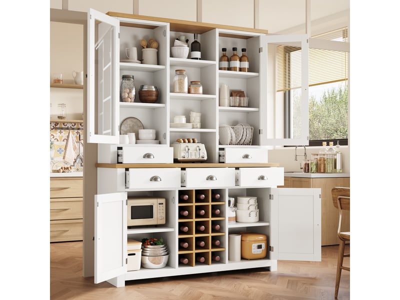  Buffet de cuisine haut 120 x 40 x 185 cm, porte vitrée, 5 tiroirs, étagère réglable, casier à vin amovible, anti-basculement, blanc  - Conforama B