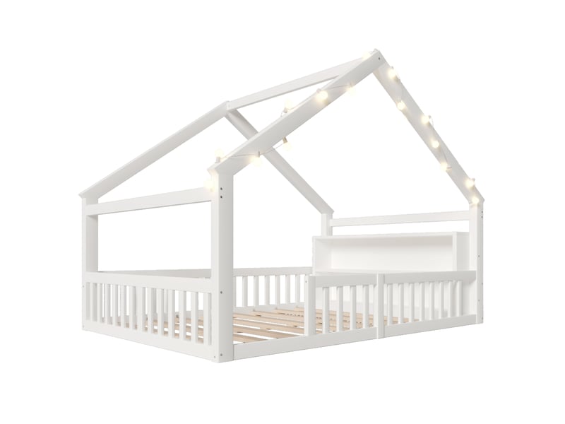 Lit cabane enfant 140x190 cm en bois de pin blanc avec barrières de sécurité et étagères, design minimaliste (sans matelas) - Conforama A
