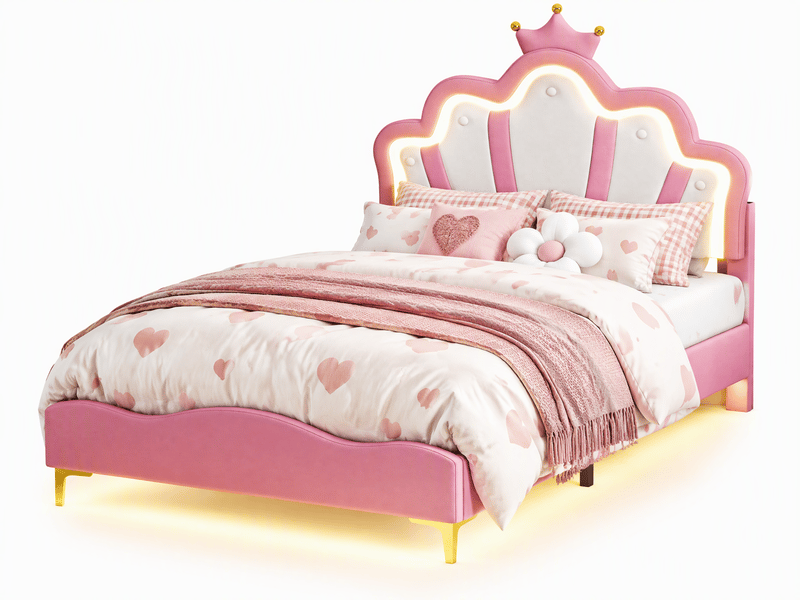  Lit double enfant 140x190 avec led, lit princesse fille avec tête de lits réglable et sommier à lattes, pu rose  - Conforama A