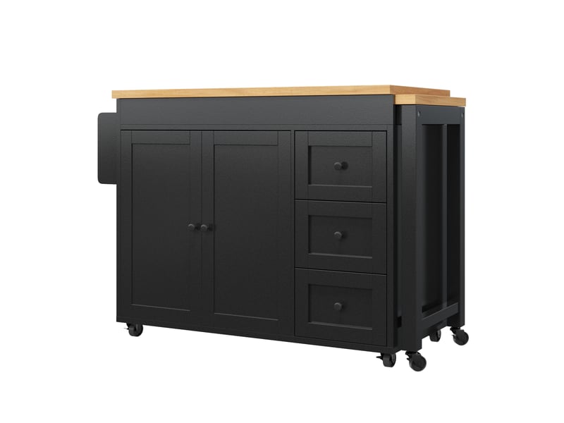  Île de cuisine modulable extensible 116–179,5 cm, planche extensible jusqu’à 69,5 cm, avec 3 tiroirs, étagères latérales et roulettes, blancnoir  - Conforama D