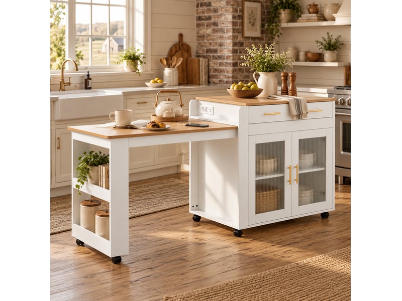  Îlot de cuisine mobile blanc, table extensible, rangements et prises usb  - Conforama E