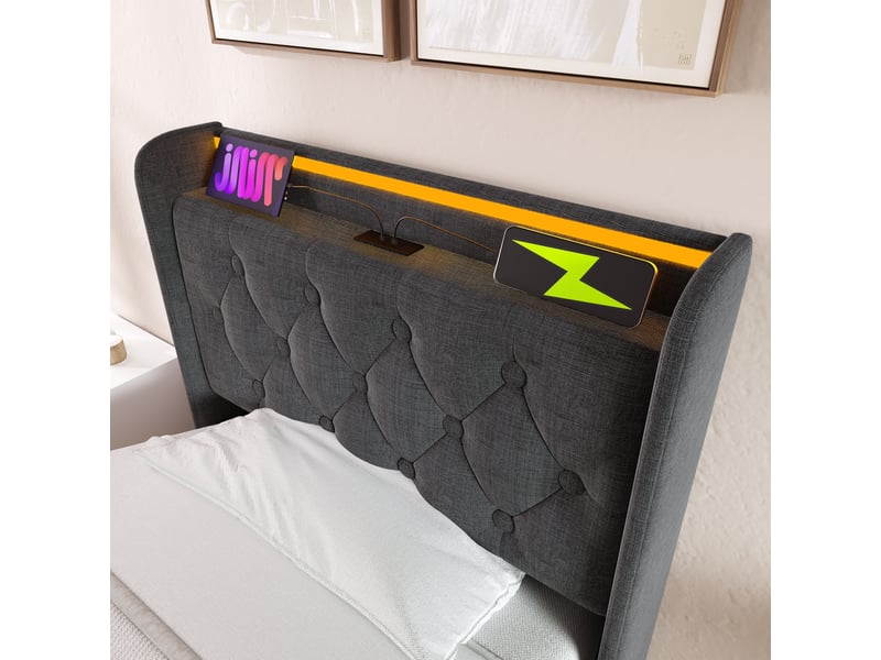  Lit coffre simple 90x200 cm avec led et usb, lin, gris, matelas inclus  - Conforama E