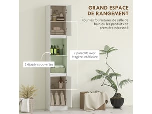 Meuble colonne salle de bain, meuble de rangement avec 2 portes, 2 compartiments ouverts, , blanc, 30 x 24 x 170 cm