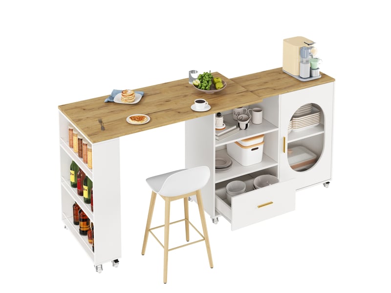  Îlot de cuisine 120x60x90 cm extensible avec 1 porte et 1 tiroir en plateau pivotant et mdf couleur naturel et blanc  - Conforama A