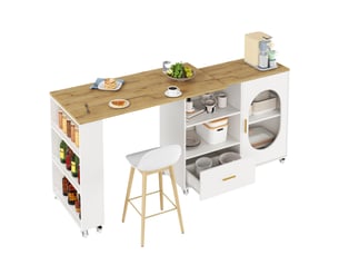 Îlot de cuisine 120x60x90 cm extensible avec 1 porte et 1 tiroir en plateau pivotant et mdf couleur naturel et blanc