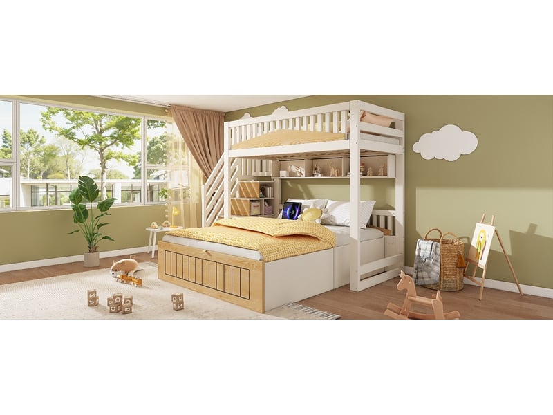  Lit mezzanine 90x200 cm et 140x200 cm avec rangement hydraulique, escalier, mdf, bois, métal, blanc et naturel sans matelas  - Conforama C