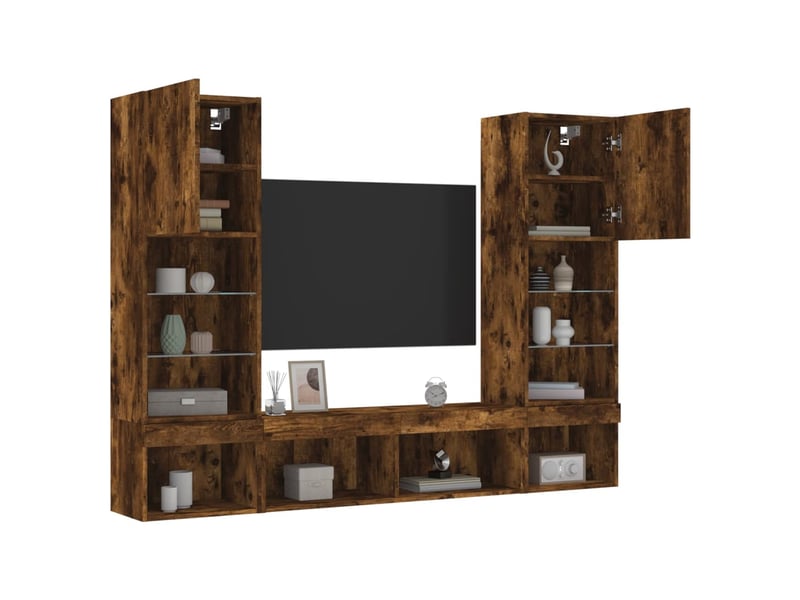  Meuble tv - unités murales tv avec led 5 pcs chêne fumé bois d'ingénierie  - Conforama E