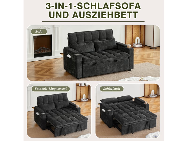  Canapé-lit 3-en-1 142x89x89 cm convertible, 2 porte-gobelets, 2 coussins lombaires, rangements, chenille, noir  - Conforama D