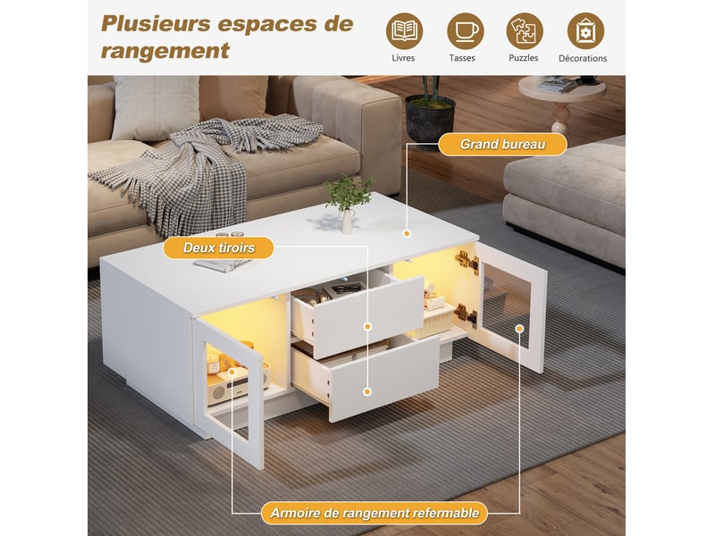  Table basse led avec 2 tiroirs, 2 portes, rangement et contrôle par application, pour salon, en mdf blanc, 100 × 50 × 40 cm  - Conforama E