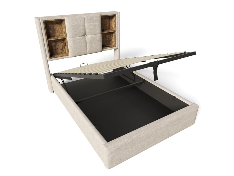  Lit simple 90x200 cm avec tête rangement et 4 niches, lin, naturel, sans matelas  - Conforama R