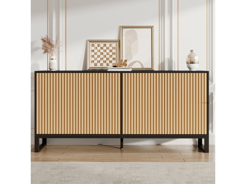  Buffet de salon - 160x40x75cm - 4 portes rainurées 3d étagères réglables meuble à chaussures en pb et mdf - noir et chêne  - Conforama B