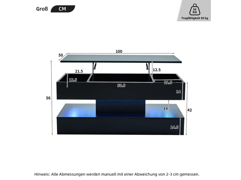  Table basse relevable rectangulaire en panneaux de particules avec lumière led,rangement caché et prises européennes intégrées,noir table basse noir - Conforama C