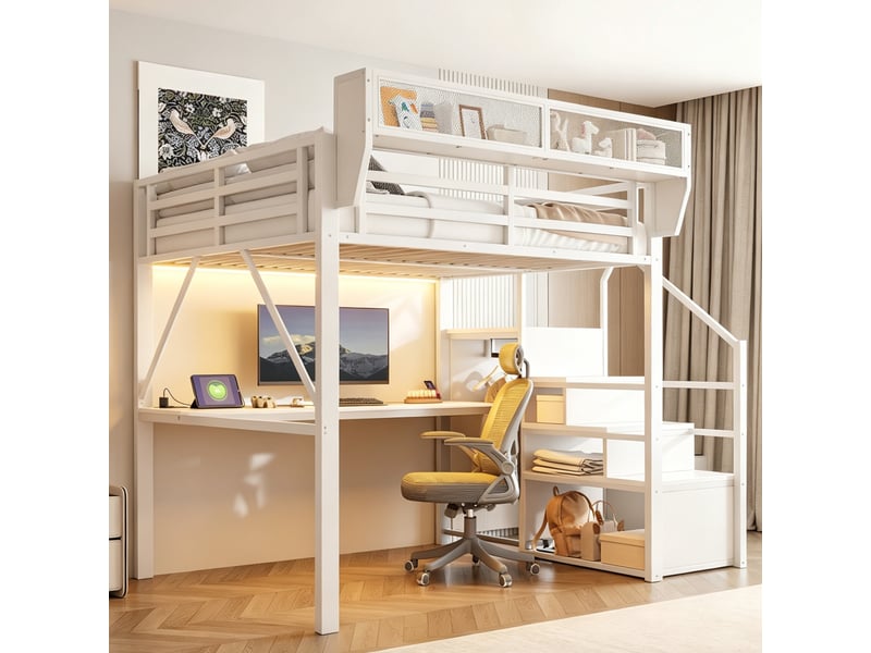  Lit haut 140x200 pour adulte et enfant, structure métal blanche, bureau 2 m, led et échelle de sécurité  - Conforama E