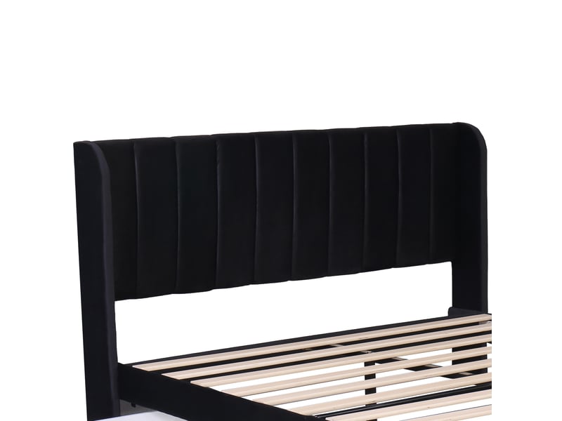  Lit adulte 160x200 cm, tiroirs, rangement, tête de lit, sommier, velours noir, sans matelas  - Conforama E