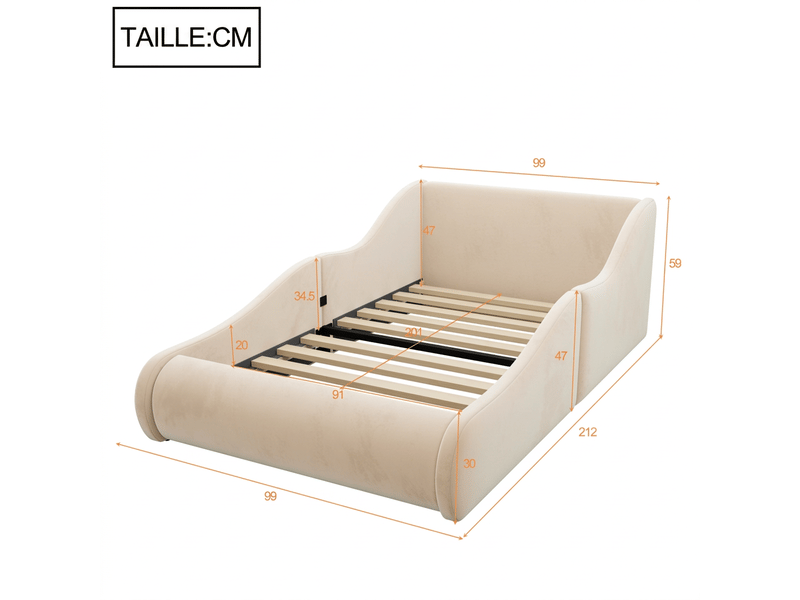  Lit enfant 90x200 capitonné beige - velours avec barrière de sécurité et tête de lit haute  - Conforama C