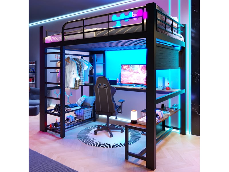 Lit mezzanine 140x200 cm avec bureau, led et rangements coloris noir - Conforama E