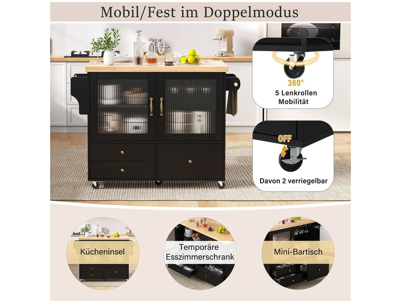 Desserte de cuisine mobilité sur roulettes table à manger extensible porte-verres à vin espace de rangement finition noire  - Conforama C
