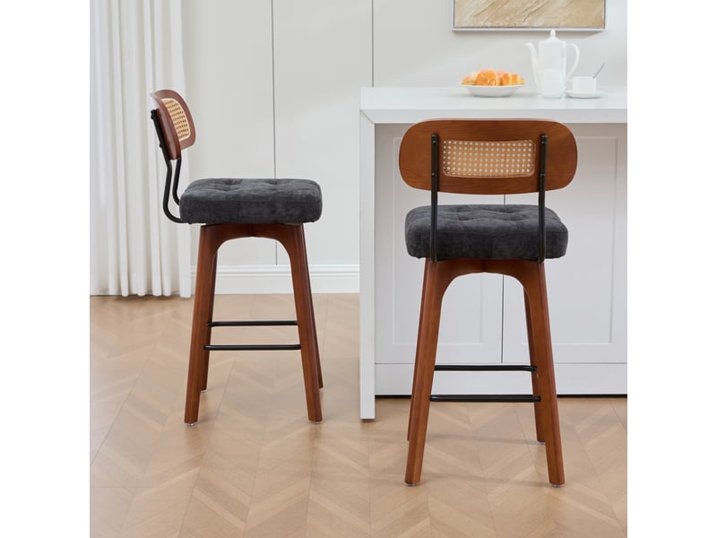 Tabouret de bar lot de 2 pivotant à 360° avec dossier en rotin, assise rembourrée et repose-pieds en chenille noir - Conforama E