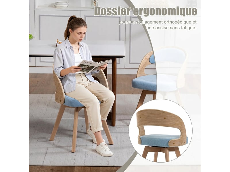  Lot de 2 chaises de salle à manger pivotantes en lin bleu avec pieds en bois  - Conforama D