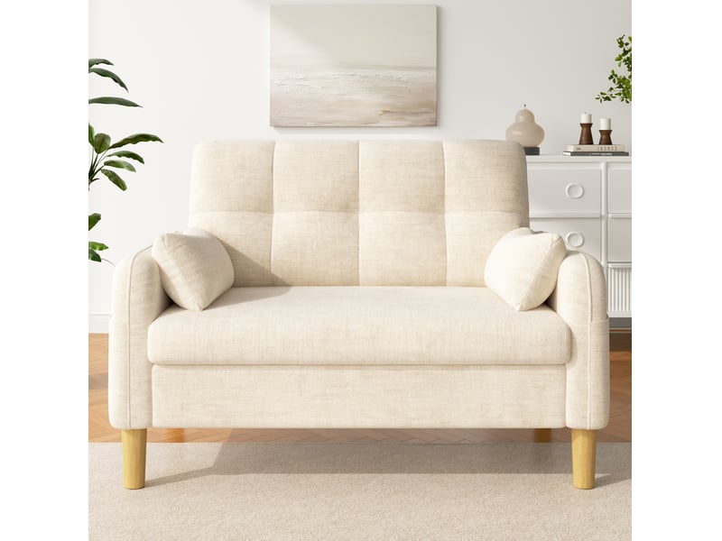 Canapé 2 places moderne avec gros coussins doux, 2 oreillers et poche latérale pour rangement, idéal pour le salon, la chambre ou les petits appartements, tissu chenille, beige - Conforama C