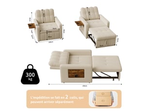 Fauteuil canapé-lit convertible 1-place - beige - 190 x 69 cm - en tissu chenille avec tablette en bois et chargeur usb intégré