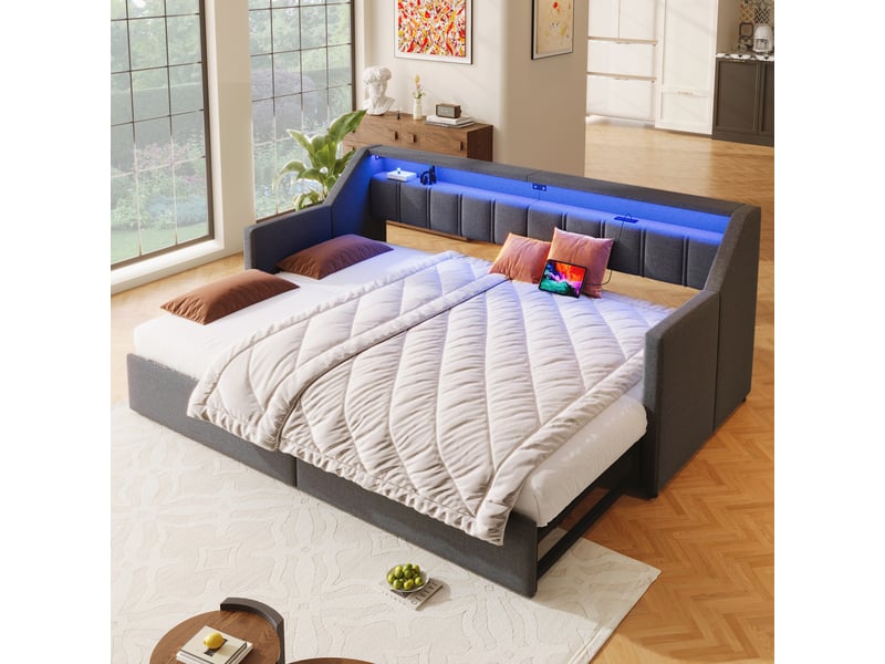 Lit gigogne 90x200 cm avec rangement, tiroirs + poches, ports usb+type-c, led, lin + mdf, gris, sans matelas - Conforama W