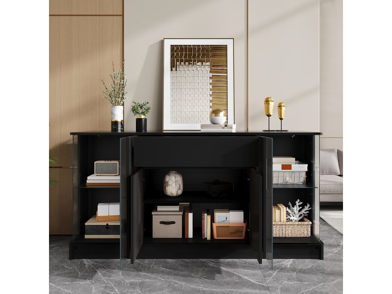 Buffet vitrine 150x40x75cm double porte, tiroir, éclairage led piloté par appli et espace de présentation, façades brillantes, panneaux de particules,noir evarich - Conforama E