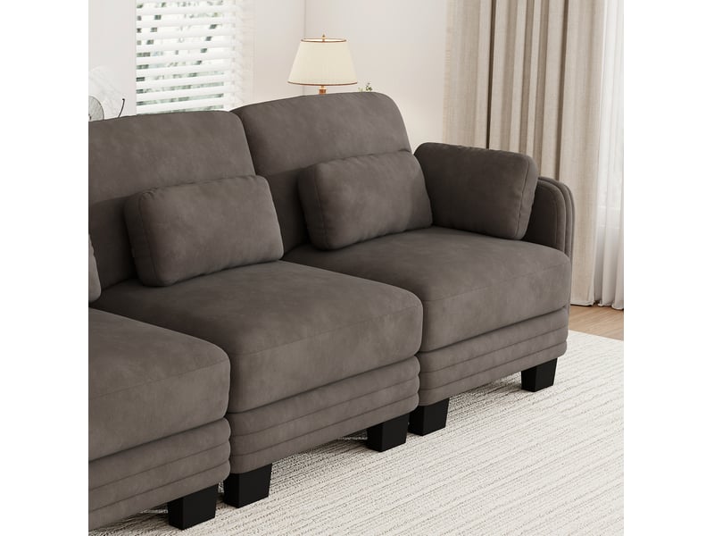 Canapé droit modulaire 4 places 330x88x88 cm, forme ergonomique, coussins de soutien et accoudoir, chenille, marron - Conforama E