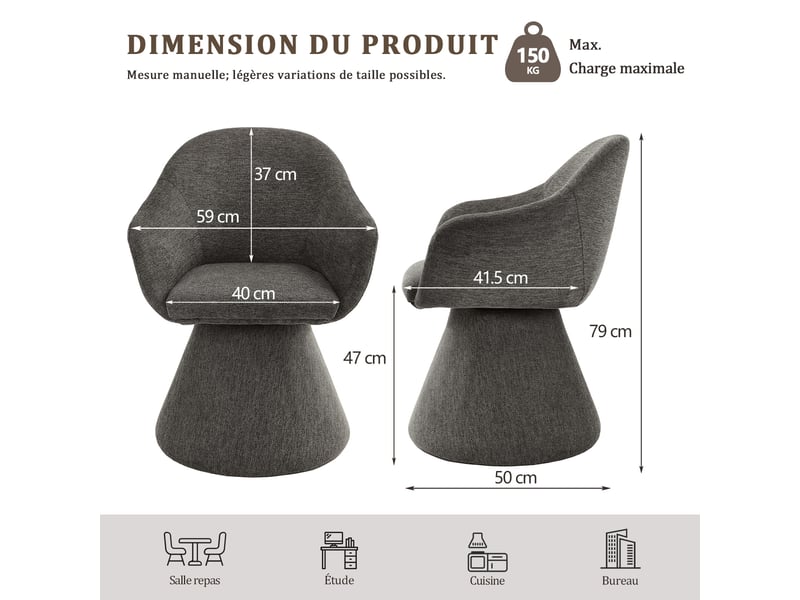  Chaise de salle à manger pivotante 360° design cocon – goeurvant, tissu effet lin, rembourré, gris anthracite  - Conforama C