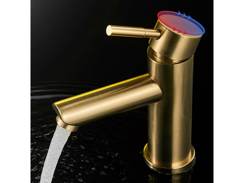  Robinet de salle de bain ou de cuisine en acier inoxydable brossé (finition or) – mitigeur monocommande eau chaudefroide, montage sur plan Washbasin faucet - Conforama B