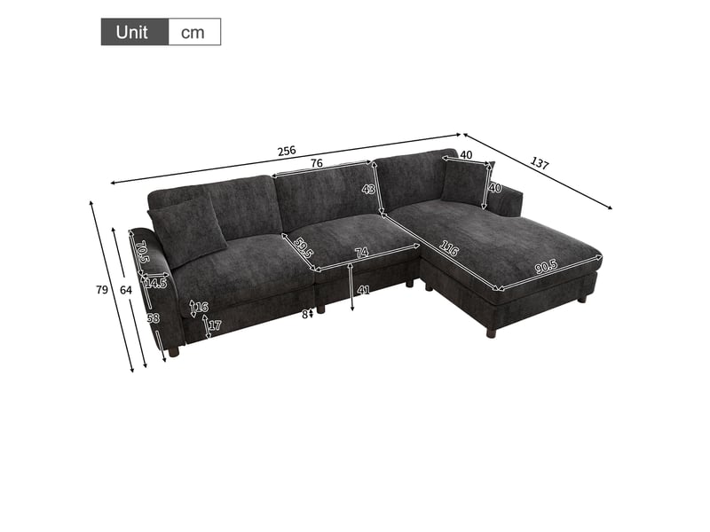  Canapé d’angle modulable en l 256 cm 3 places avec méridienne réversible extra-large 90 cm, accoudoirs courbés, ressorts ensachés, chenille gris  - Conforama D